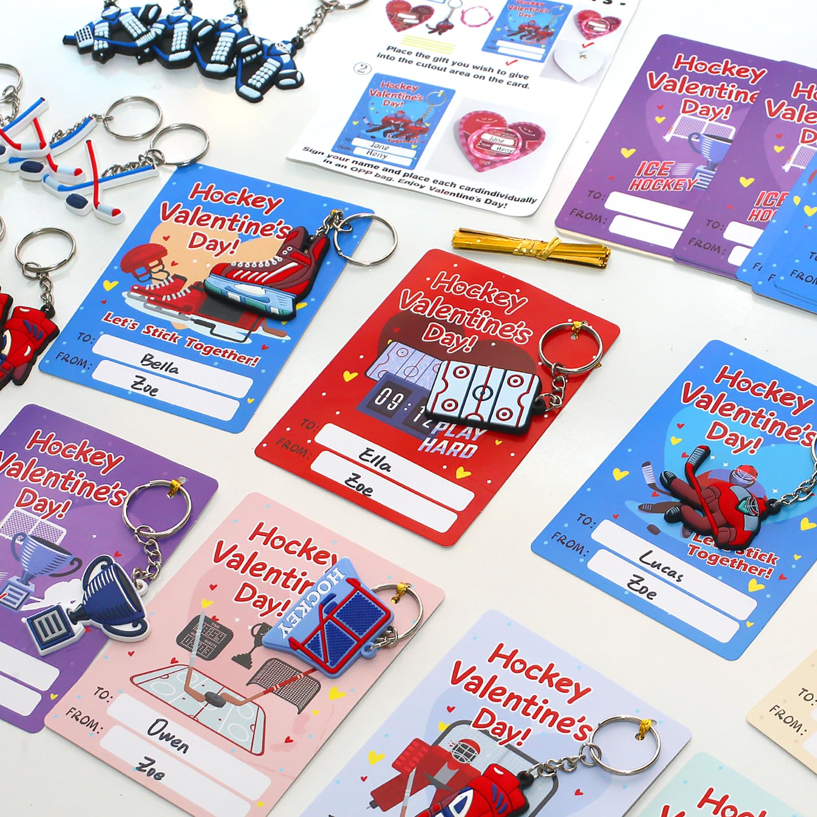 PINGAMOO Hockey Valentines Day Cards, 32PCS Valentine Cards with 32PCS Hockey Keychains, Boys Valentine's Card for Classroom School Party Favors Valentines Exchange