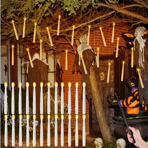 Retisee 40 Pcs Flameless Candles with Wand Halloween Decorations Floating Candles Remote Battery Operated LED Electric Window Candle Warm Light Flickering Decor for Halloween Party