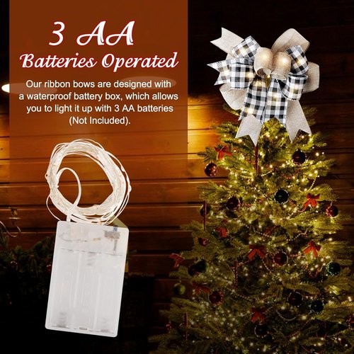 LED Christmas Wreath Bow by Buffalo Plaid - Rustic Black & White Burlap with Lights | 9.5 x 13 Inch