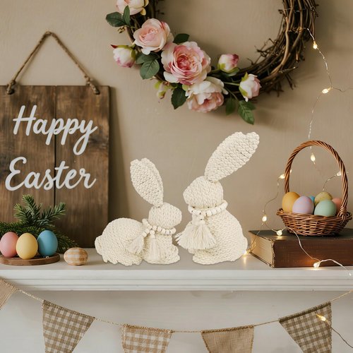 DR.DUDU 2 Pack Easter Bunny Figurines Decor, Rabbit Figurine Table Decorations, Spring Bunnies Decoration Cotton Woven Statue for Home Indoor Centerpieces Fireplace Farmhouse Gifts (Beige)