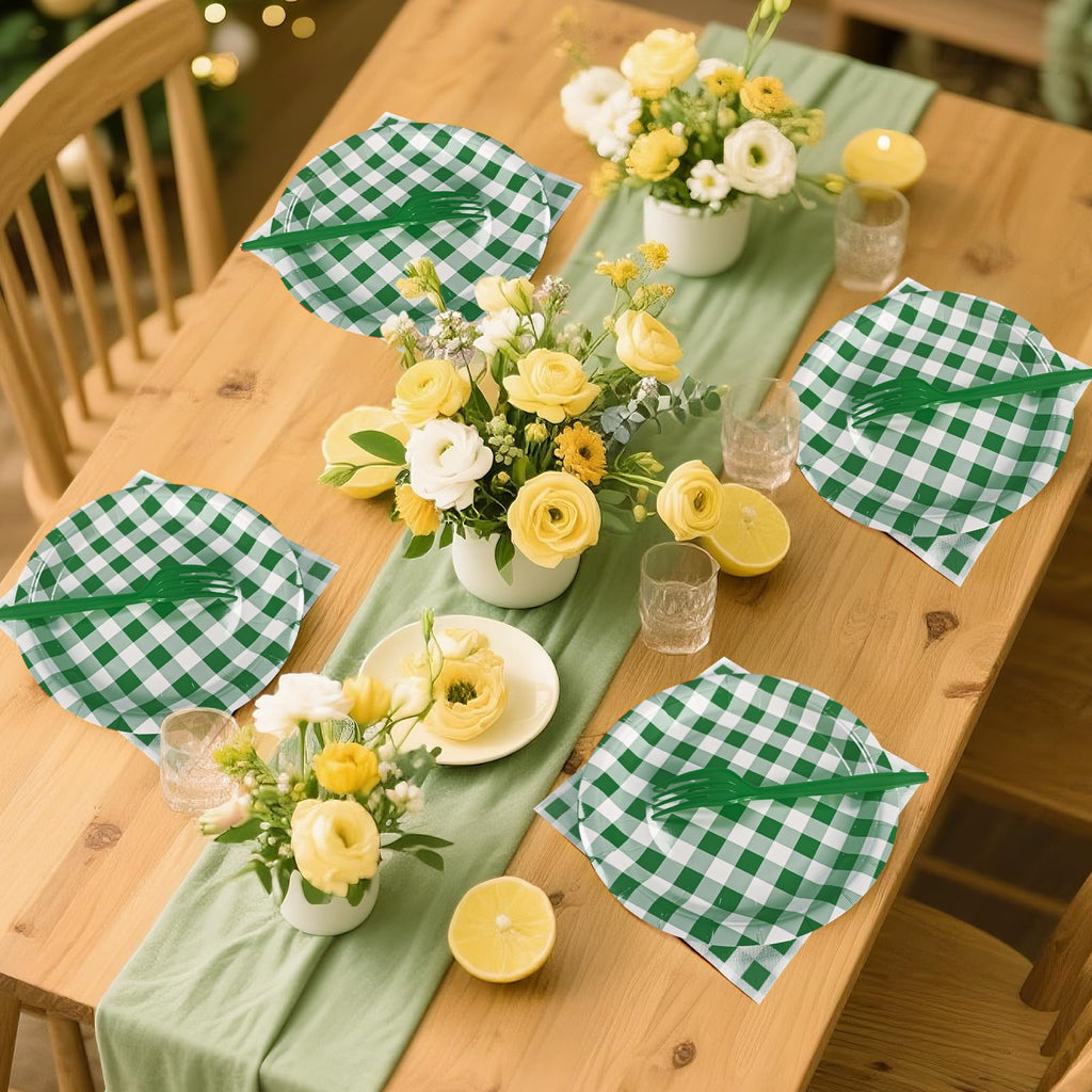 WYQJHKV 105 Pcs Dark Green Gingham Party Supplies Include 7 Inch Disposable Dark Green Dessert Paper Plates and Napkins for Wedding Baby Shower Birthday Party