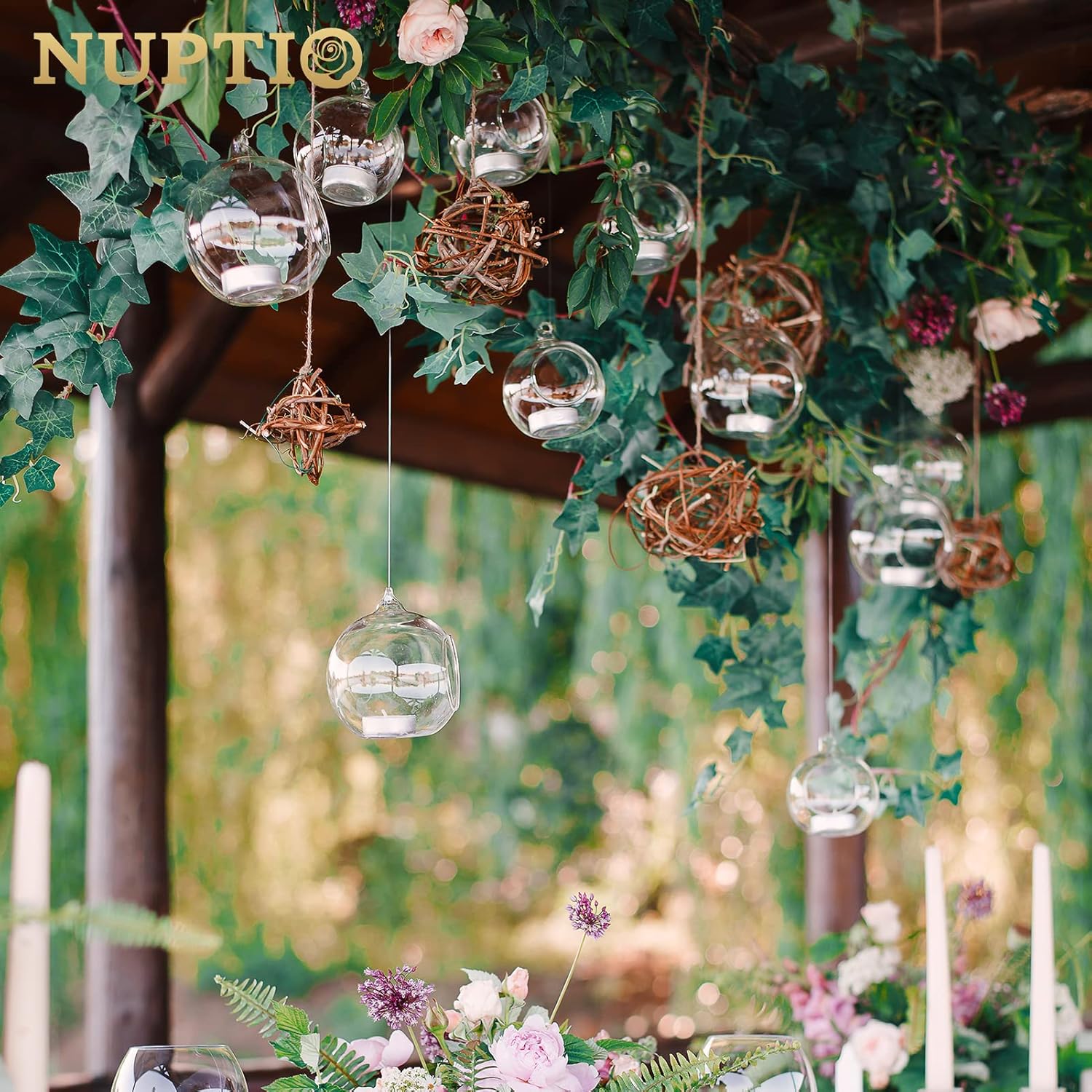 Skiennix Hanging Glass Tealight Holders - 12 Pcs Globe Terrariums for Indoor/Outdoor Decor