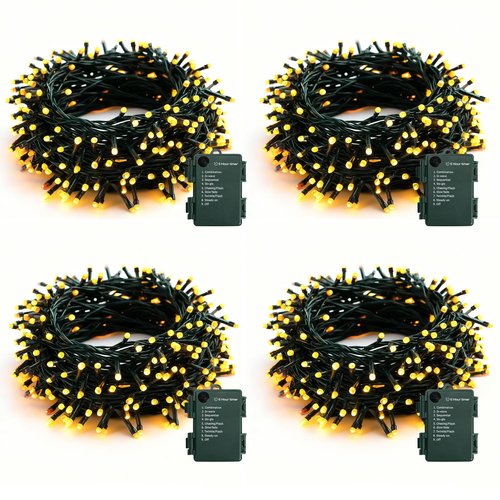 Dazzle Bright 4 Pack Battery Operated Outdoor String Lights, 50 LED 16 FT Warm White Christmas Lights Green Wire with 8 Modes Timer, Outdoor Battery Xmas Wreath Light for Christmas Holiday Decoration