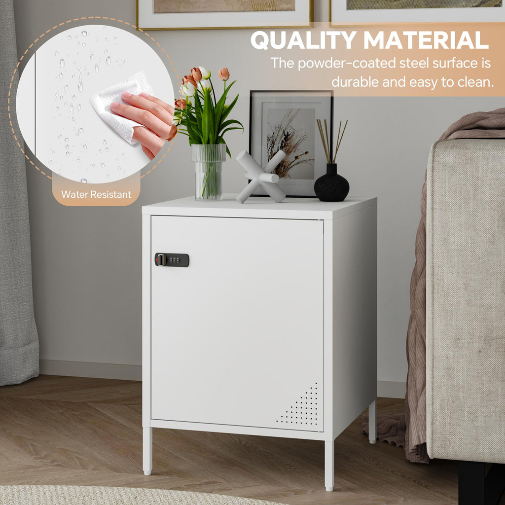 Steehoom Metal Locker End Table Single Door Nightstand Lockable Bedside Table Storage Cabinet for Bedroom, Dorm, 21.26”H X 15.75”W X 15.75”D (1 Door, White)