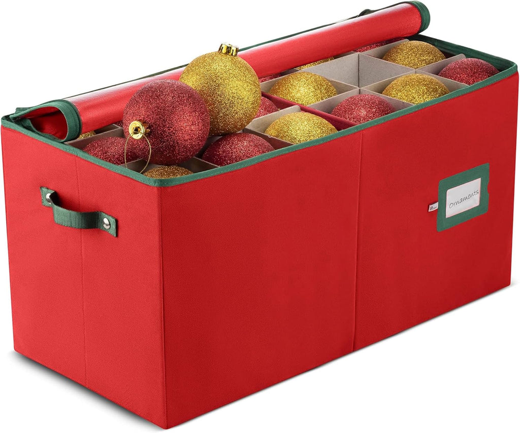 ZOBER Large Christmas Ornament Storage Box - Organize 54 4" Ornaments with Dividers - Durable Red Container