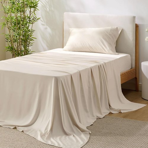 Bedsure Cooling Sheets - Twin XL Bamboo Rayon, Breathable & Soft, Deep Pocket Up to 16 Inches, Light Beige