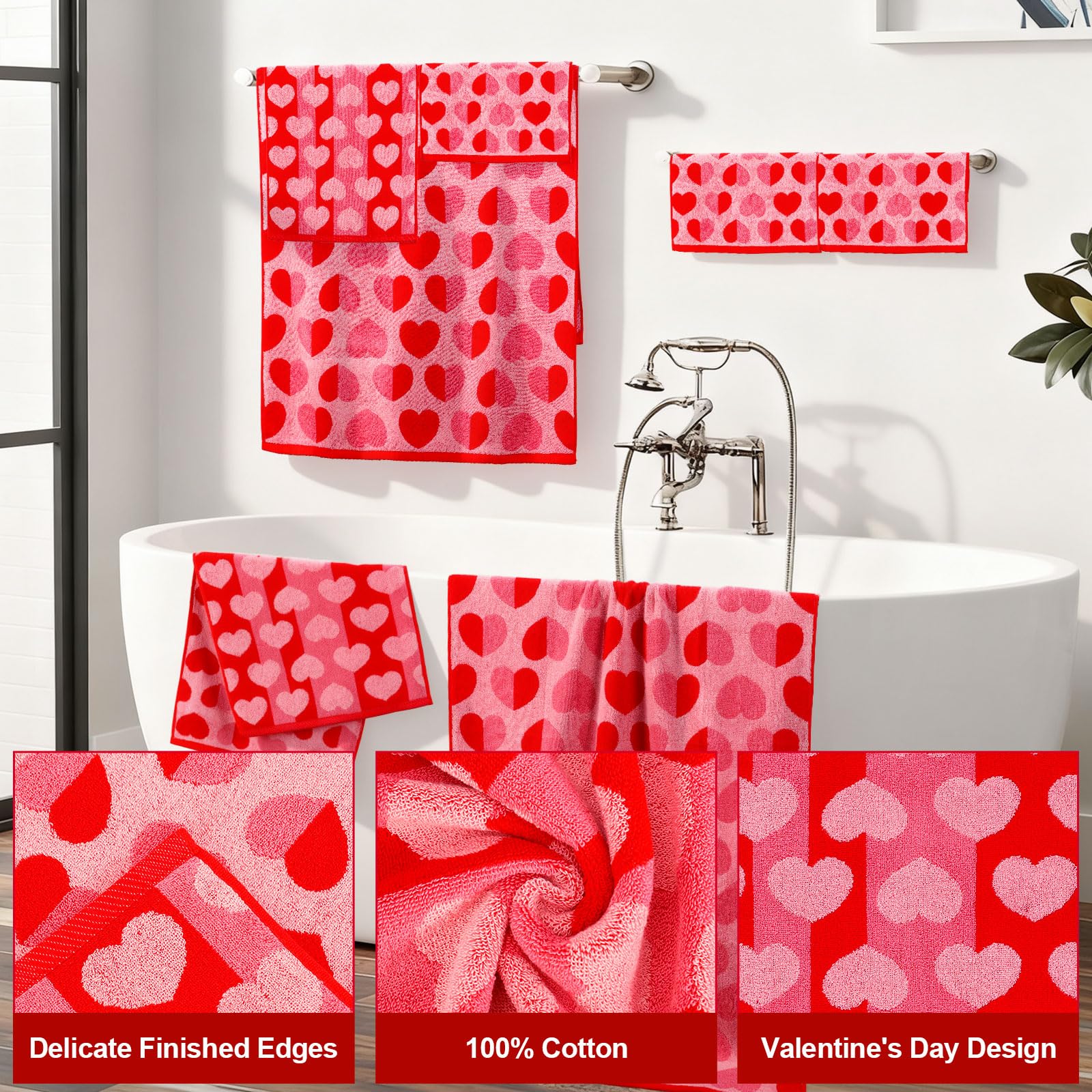 Whaline Valentine's Day Bath Towels Set of 6 Jacquard Cotton Bathroom Towel Red Pink Heart Hand Towel Wash Cloth for Holiday Hand Drying Shower Supplies