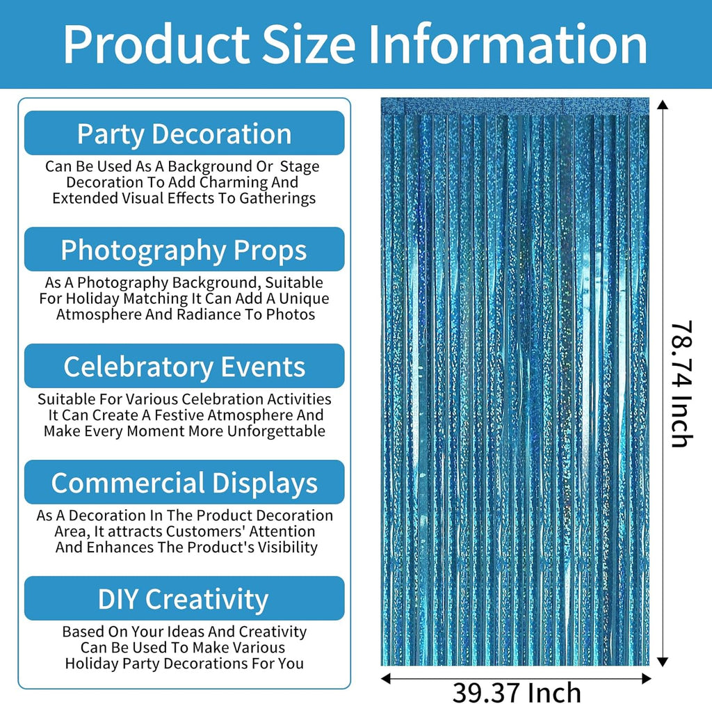 Picoway Blue Laser Foil Fringe Tinsel Backdrop Curtains - 4 Pack Ocean Themed Party Decor | Perfect for Birthdays, Engagements, and Showers