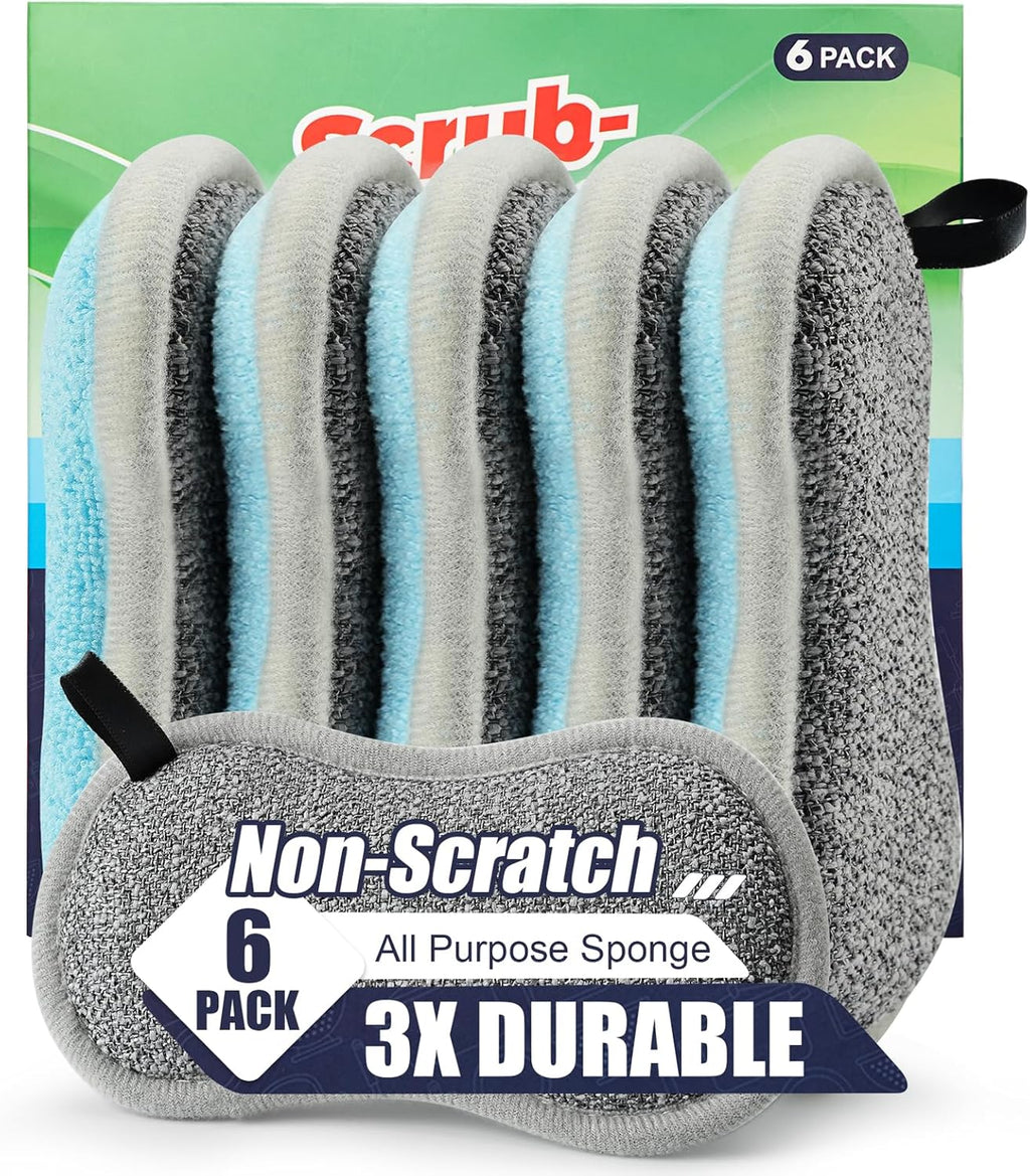 Skiennix Dual-Sided All-Purpose Sponges - Non-Scratch Kitchen Dish Cleaning Scrubbers | Soft Microfiber, 6-Pack