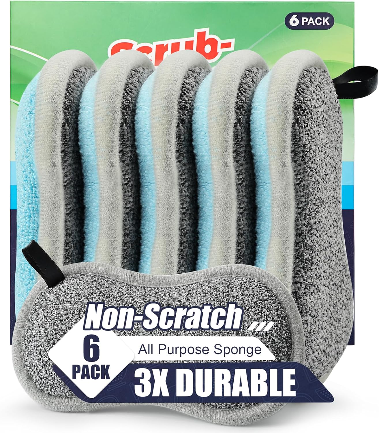 Skiennix Dual-Sided All-Purpose Sponges - Non-Scratch Kitchen Dish Cleaning Scrubbers | Soft Microfiber, 6-Pack