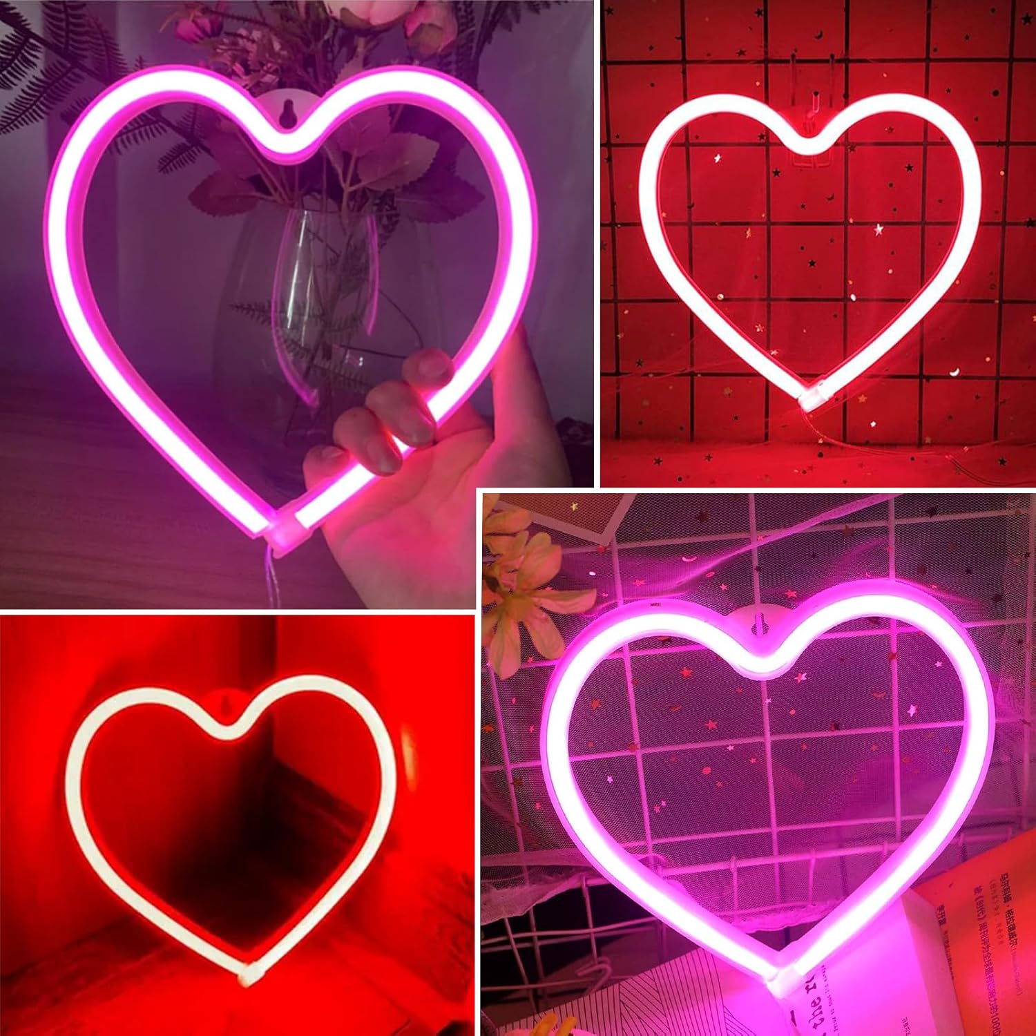 Skiennix Neon Heart Sign - 2-Pack Battery Operated or USB Powered | Perfect for Valentine's Day & Room Decor (Pink & Red)
