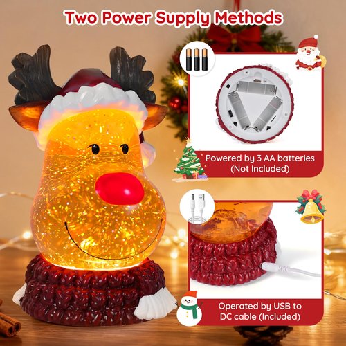 Christmas Snow Globe Reindeer Lighted Musical Glitter Globe Battery Operated or USB Powered with Timer Water Glittering Snowing Globe for Christmas Party Home Table Decorations Gifts (Reindeer)