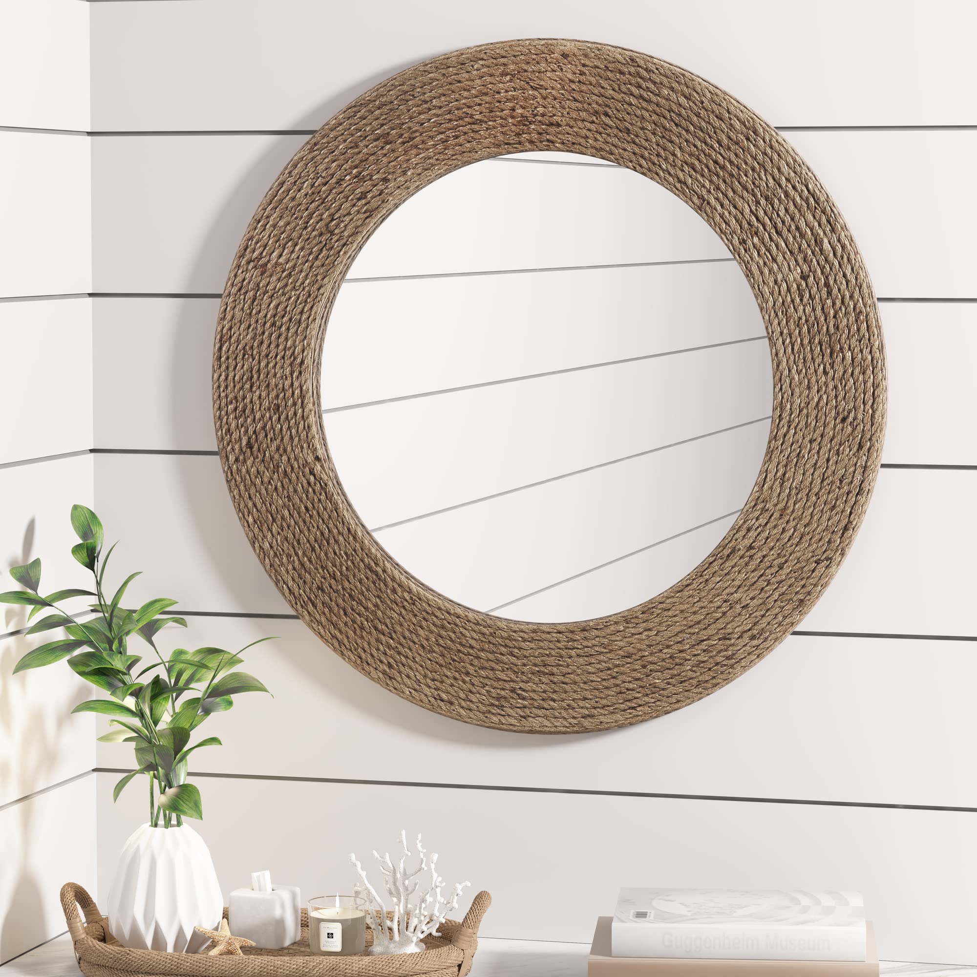 Madison Park Wall Décor Cove Cottage Style Round Jute Rope Frame, Mirror for Living Room, Console Table Center Piece Home Accent, Ready to Hang Bedroom Decoration, 26" W x 26" H, Natural