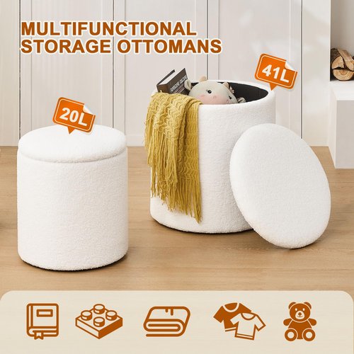 oakvivo Round Set of 2 Ottoman with Storage, Boucle Storage Ottoman Foot Stool, Soft Teddy Upholstered Small Vanity Stool, Ottomans Coffee Table Padded Seat Foot Rest for Living Room Bedroom, White