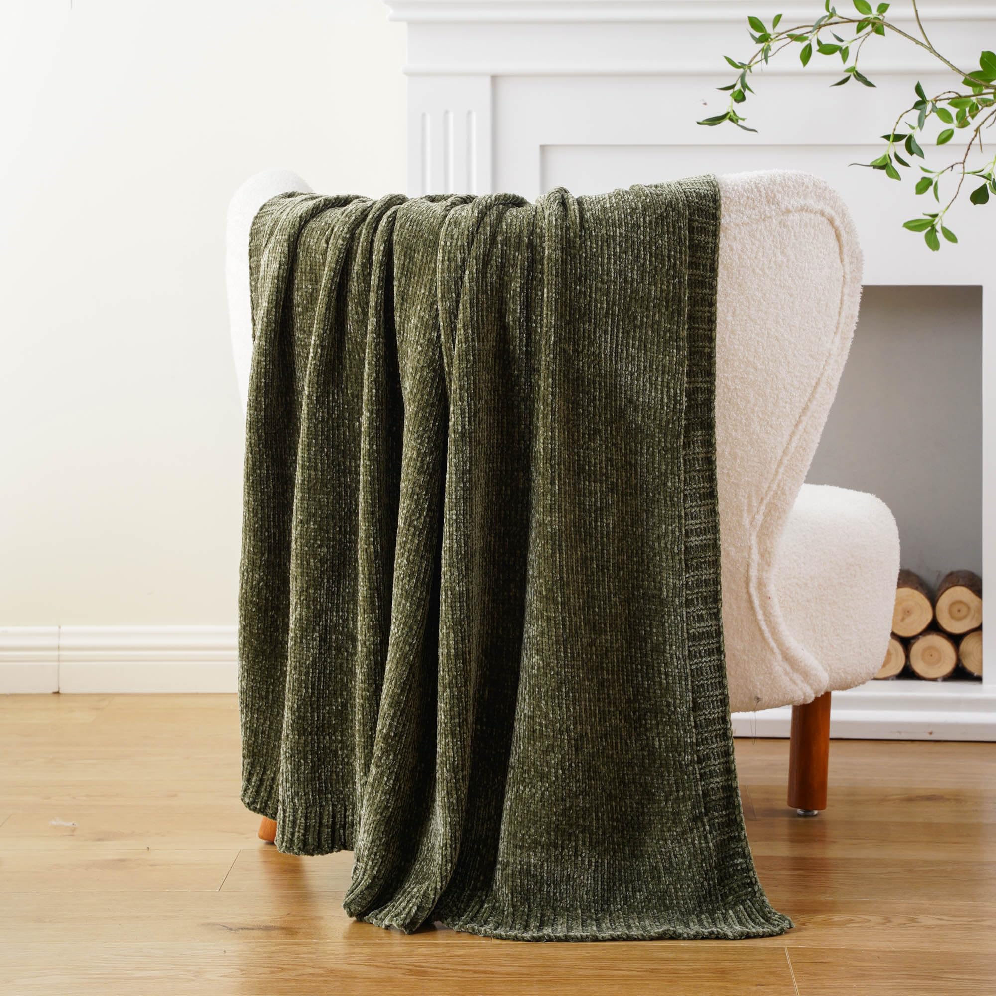 BATTILO HOME Olive Green Chenille Throw Blanket for Couch, Cozy Knit Throw Blanket for Bed Sofa Outdoor, Super Soft Warm Green Blankets Chenille Blankets for Home Decor, 51"x67"