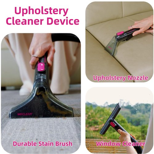 WECLEAN C3 Portable Carpet Cleaner Machine for Car, Stairs, Sofa with 18Kpa Suction and 600W Motor, Dual-Tank Spot Cleaner with 3 Brushes, Handheld Carpet and Upholstery Cleaner Black and Pink