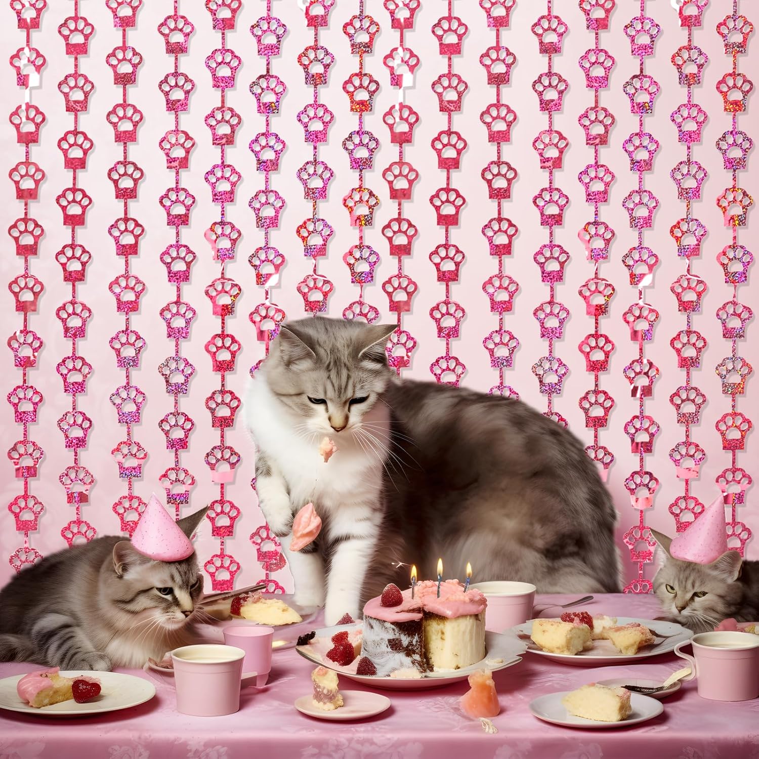 MENSTARSI Cat Birthday Decorations - 2 Pack Pink Cat Paw Party Supplies | 3.3x6.6 Ft Foil Fringe Curtains & Tinsel Backdrop