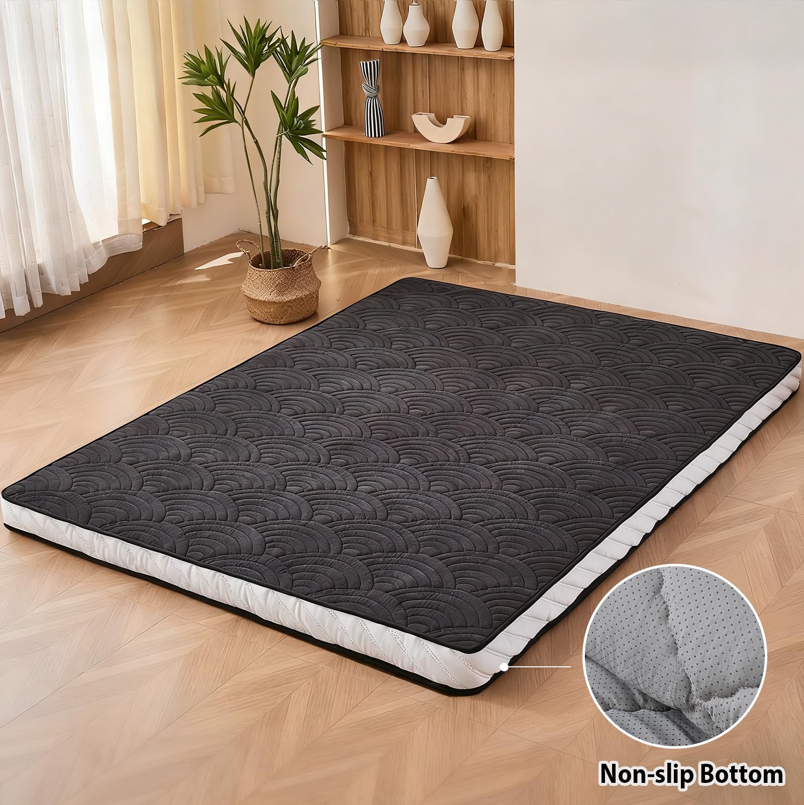 Zelladorra Japanese Floor Mattress, Quilted Futon Mattress with Anti-Slip Bottom, Foldable Floor Bed with Storage Bag and Straps, (Black, Full)