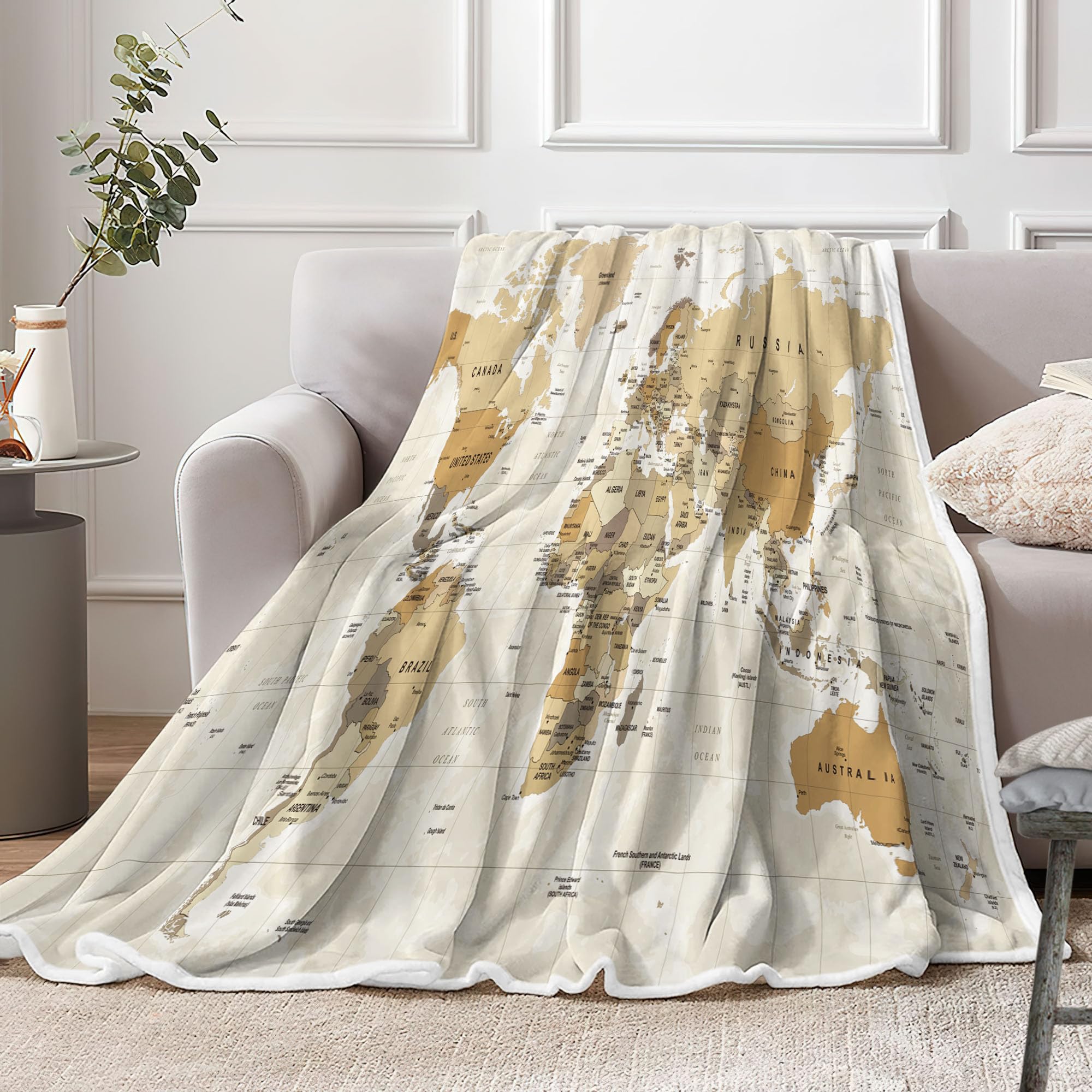 VeiVian World Map Fleece Throw Blanket For Couch, Sofa, Vintage Topography Educational College Kids Children Bed Travel Camping Blanket, Geographical Map Throw, 50X60in