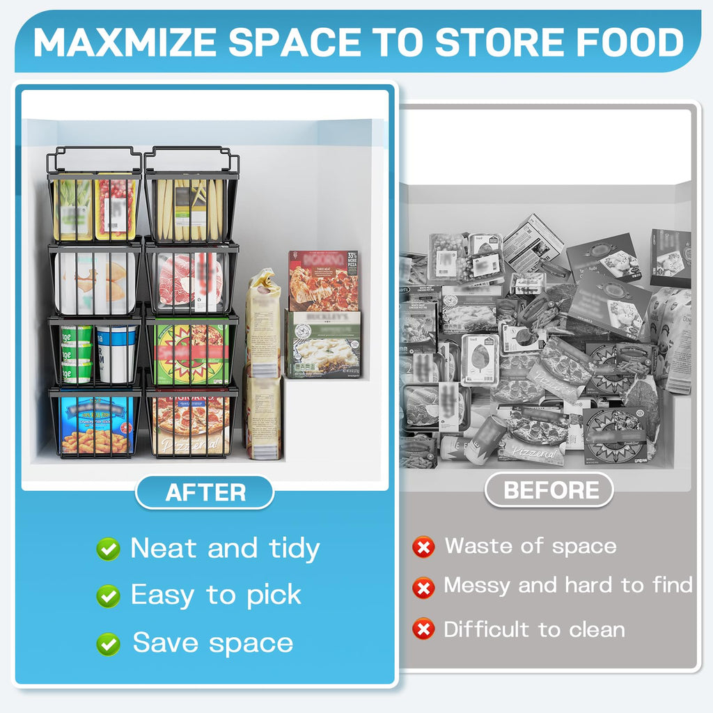 SUNALLY Freezer Organizer Bins, 4 Pack Stackable Chest Freezer Organizer for 5-7 Cu.FT Deep Freezer Sort Frozen Meats and Food, Freezer Storage Baskets with Handles Easy Reach from Bottom, Black