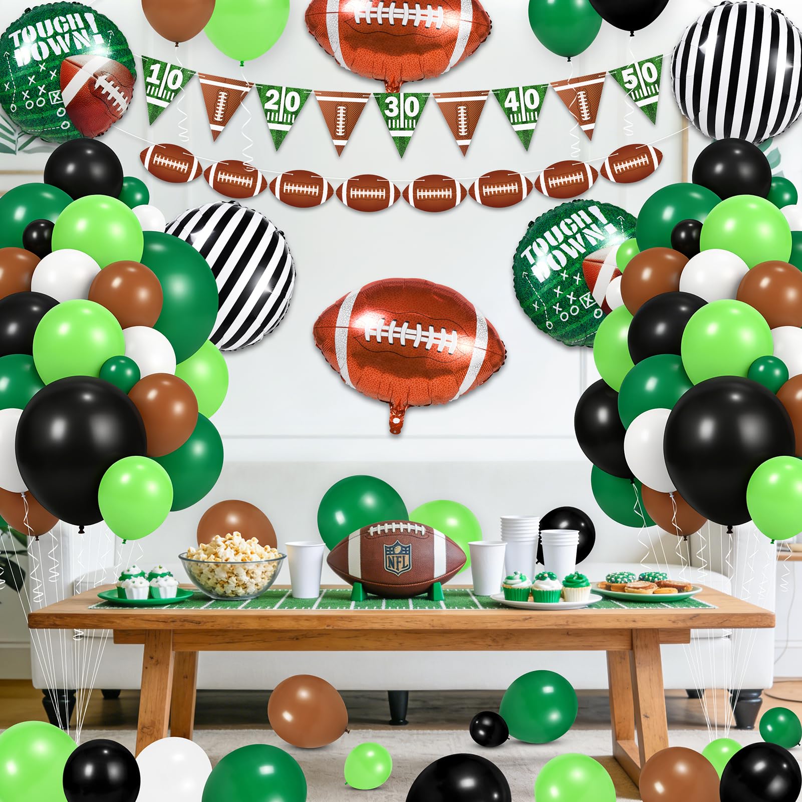 130 PCS Football Balloon Garland Arch Kit - Sage Green & Coffee Brown Balloons with Football Foil Balloon Foil Fringe Curtains for Touch Down Rugby Sport Theme Party Decorations
