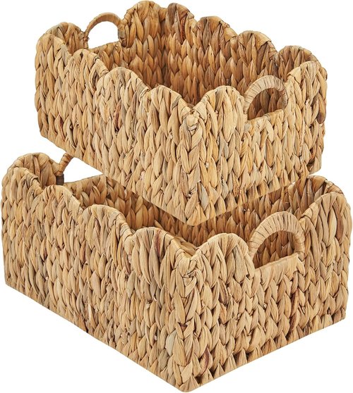 FairyHaus Wicker Storage Baskets - Handwoven Scalloped Design with Handles | 2-Pack, Natural Water Hyacinth, Large & Small