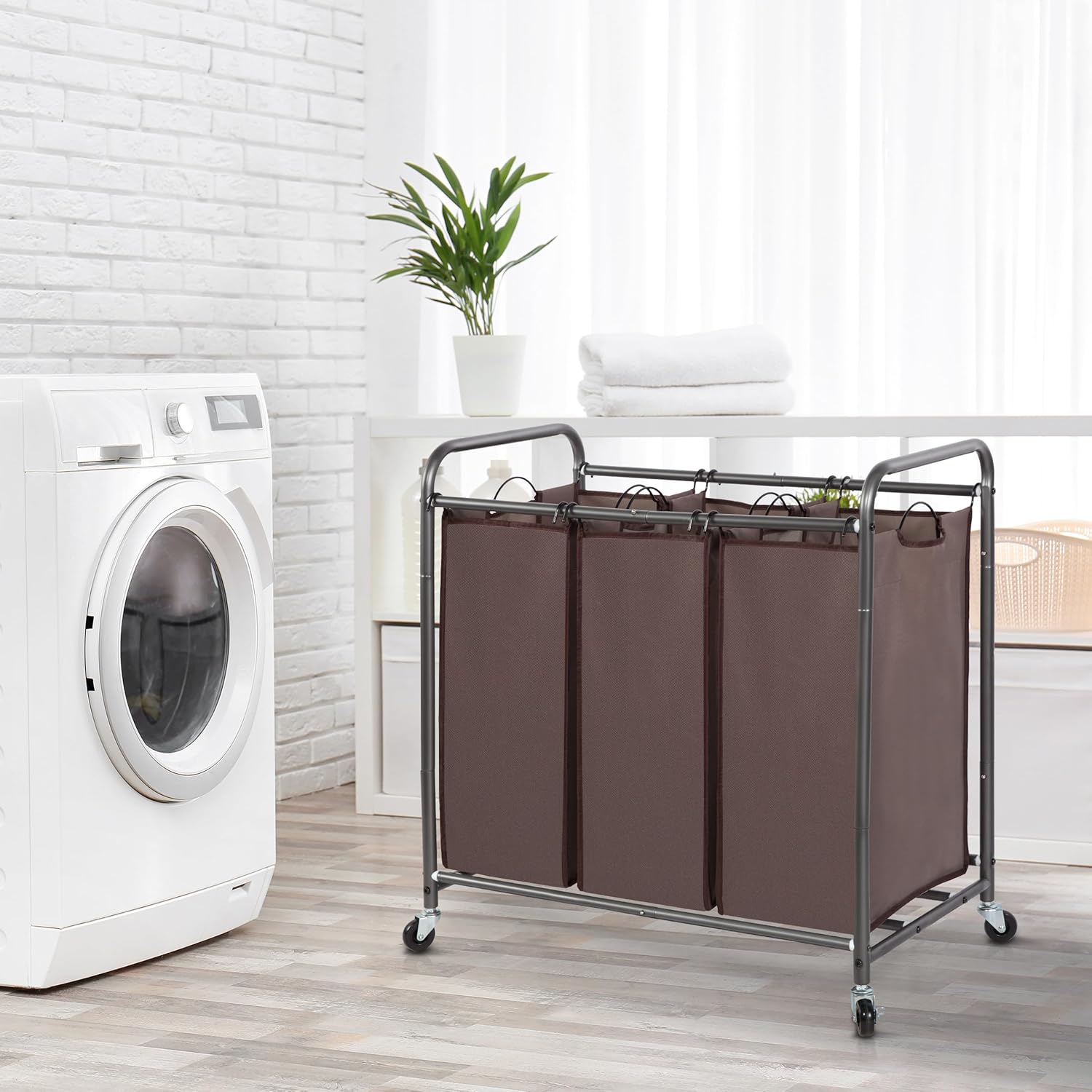 Storage Maniac Laundry Sorter - 3 Section Hamper Cart with Lockable Wheels & Removable Bags | 35.9 Gal, Brown