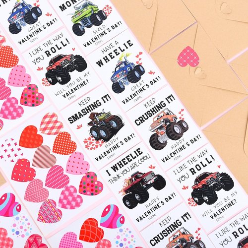 VIZAUZIE Monster Truck Valentines Cards for Kids - 48 Packs Valentine Day Cards Classroom for Boys - School Valentine's Card Bulks with Envelopes & Heart Stickers