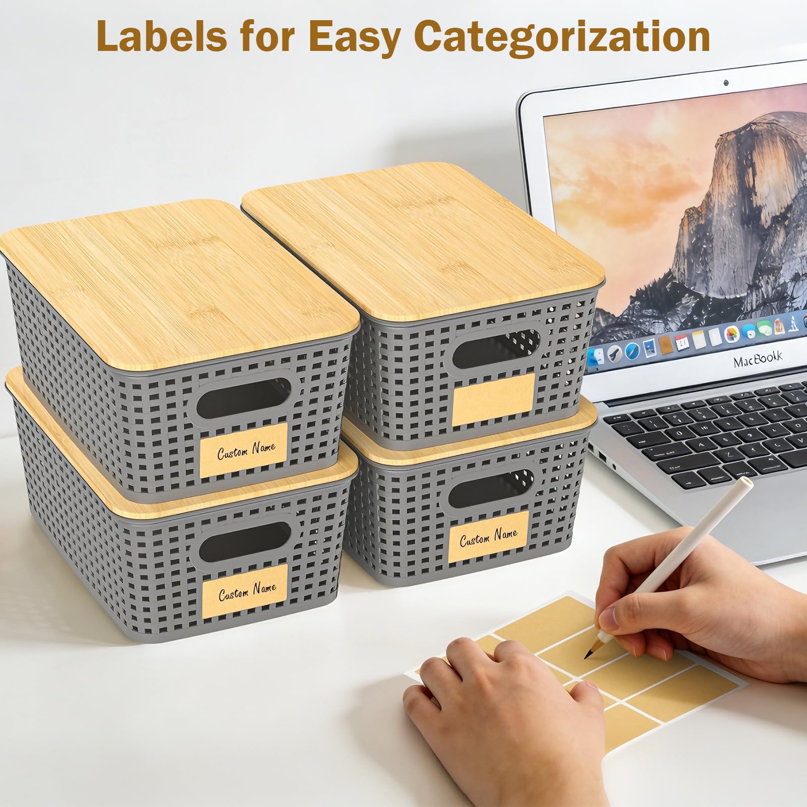 Stackable Storage Basket: Plastic Baskets Bins, Baskets for Organizing, Pantry Decorative Containers for Closets, Cabinets, Shelves(8 Pack, Grey)