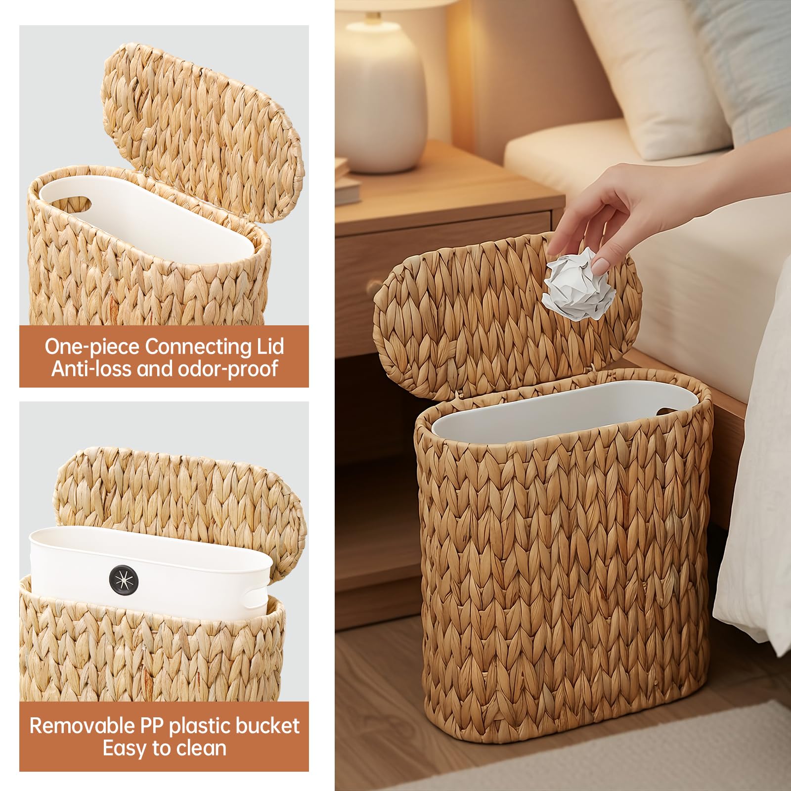 Coeusy Wicker Bathroom Trash Can with Lid,Narrow Rattan Waste Basket with Removable Liner Bucket,Slim Woven Water Hyacinth Garbage Can for Bedroom,Office,Small Spaces,3 Gallon