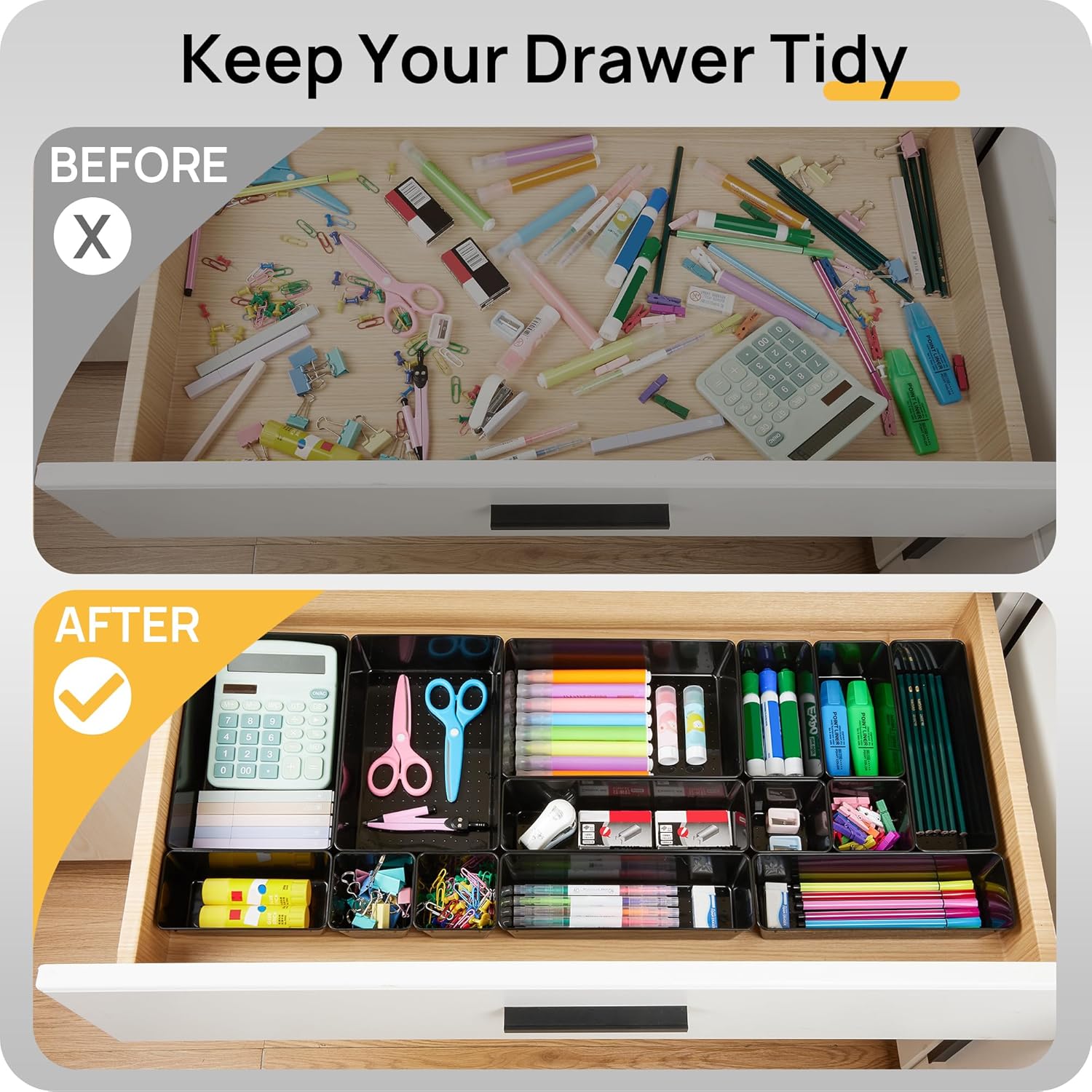 Vtopmart 25 PCS Desk Drawer Organizer Set - Versatile Plastic Storage Bins for Office & Bathroom - Black