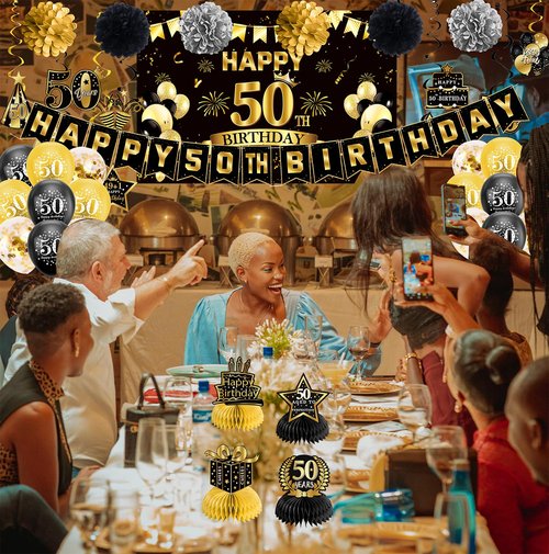 50th Birthday Decorations, Pre-Strung Happy Birthday Banner with Balloons, Backdrop, Honeycomb Centerpieces, Hanging Swirl Streamers, Black Gold Happy Birthday Party Decorations for Men Women