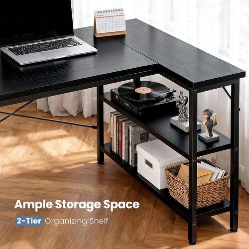 DUMOS L-Shaped Desk - 47-Inch Computer Desk with Reversible Storage Shelves | Modern Black Home Office Furniture