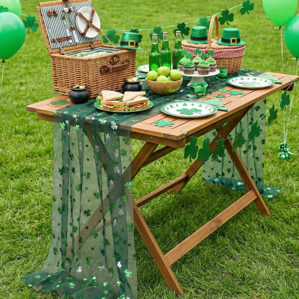 Artoid Mode Green Gauze Shamrocks St.Patrick's Day Table Runner 120 Inch 10FT,Seasonal Sheer Dining Holiday Baby Shower Table Decor for Home Party