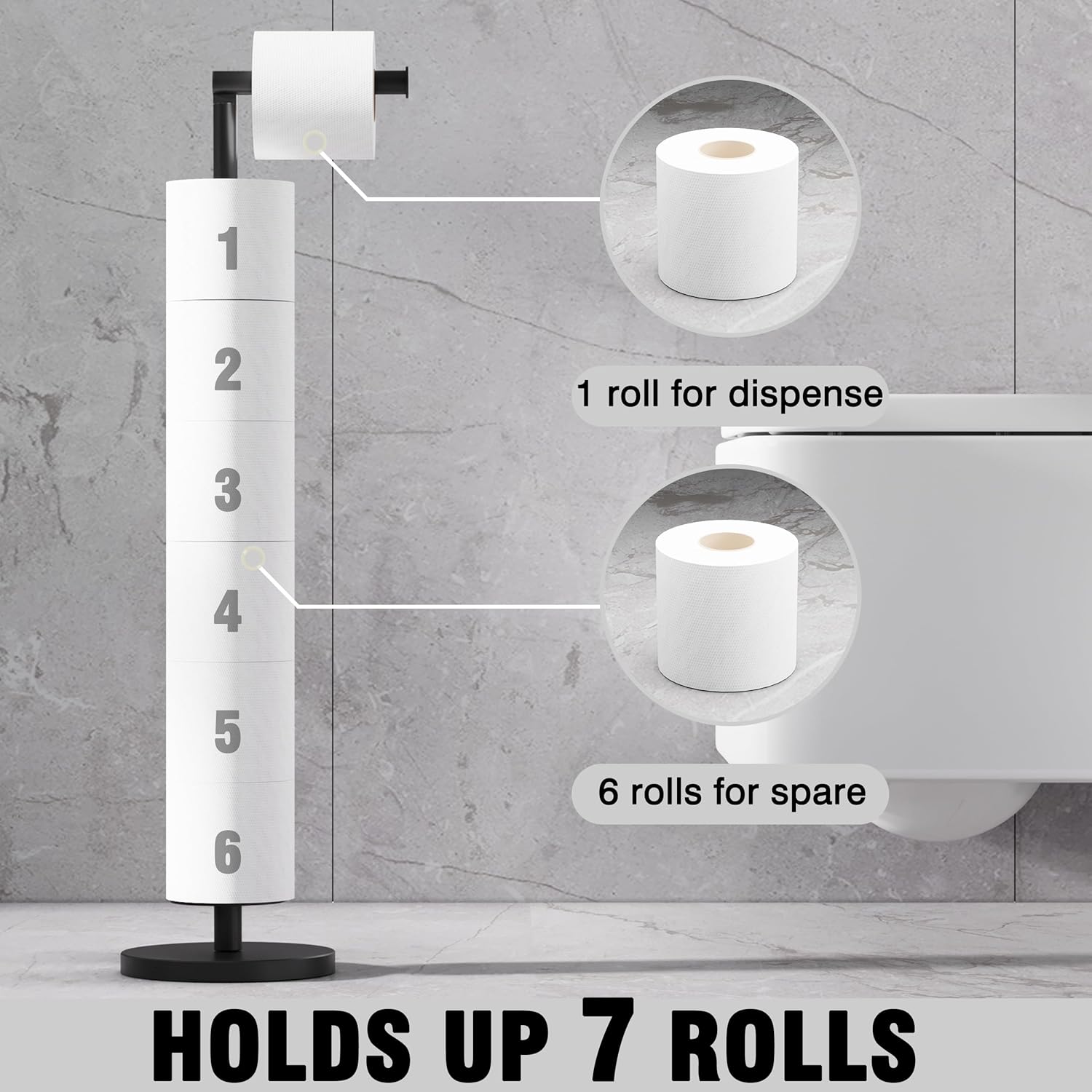 Skiennix Toilet Paper Holder Stand - Height Adjustable, Holds 6 Spare Rolls, Rustproof SUS304 Stainless Steel | Matte Black