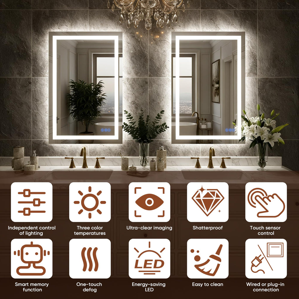 Bimno LED Bathroom Mirror with Lights 24"x32", Wall-Mounted Vanity Mirrors Front & Backlit Light Control Stepless Dimmable Anti-Fog Memory 3 Color Temperatures Shatter-Proof Tempered Glass