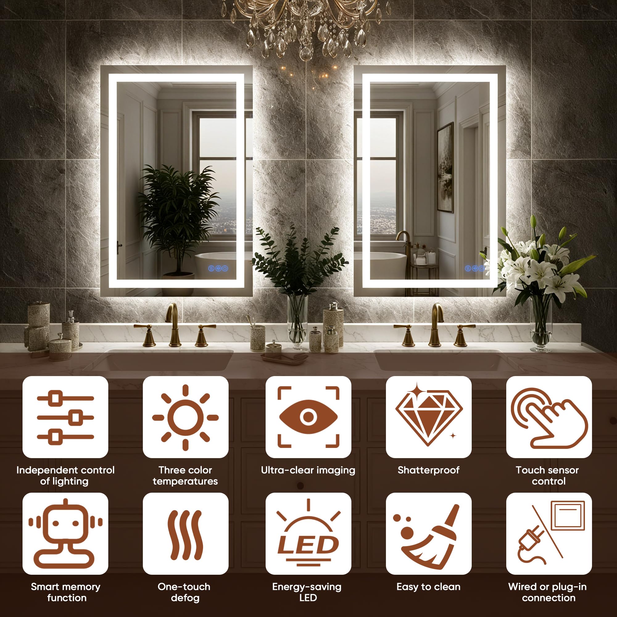 Bimno LED Bathroom Mirror with Lights 24"x32", Wall-Mounted Vanity Mirrors Front & Backlit Light Control Stepless Dimmable Anti-Fog Memory 3 Color Temperatures Shatter-Proof Tempered Glass