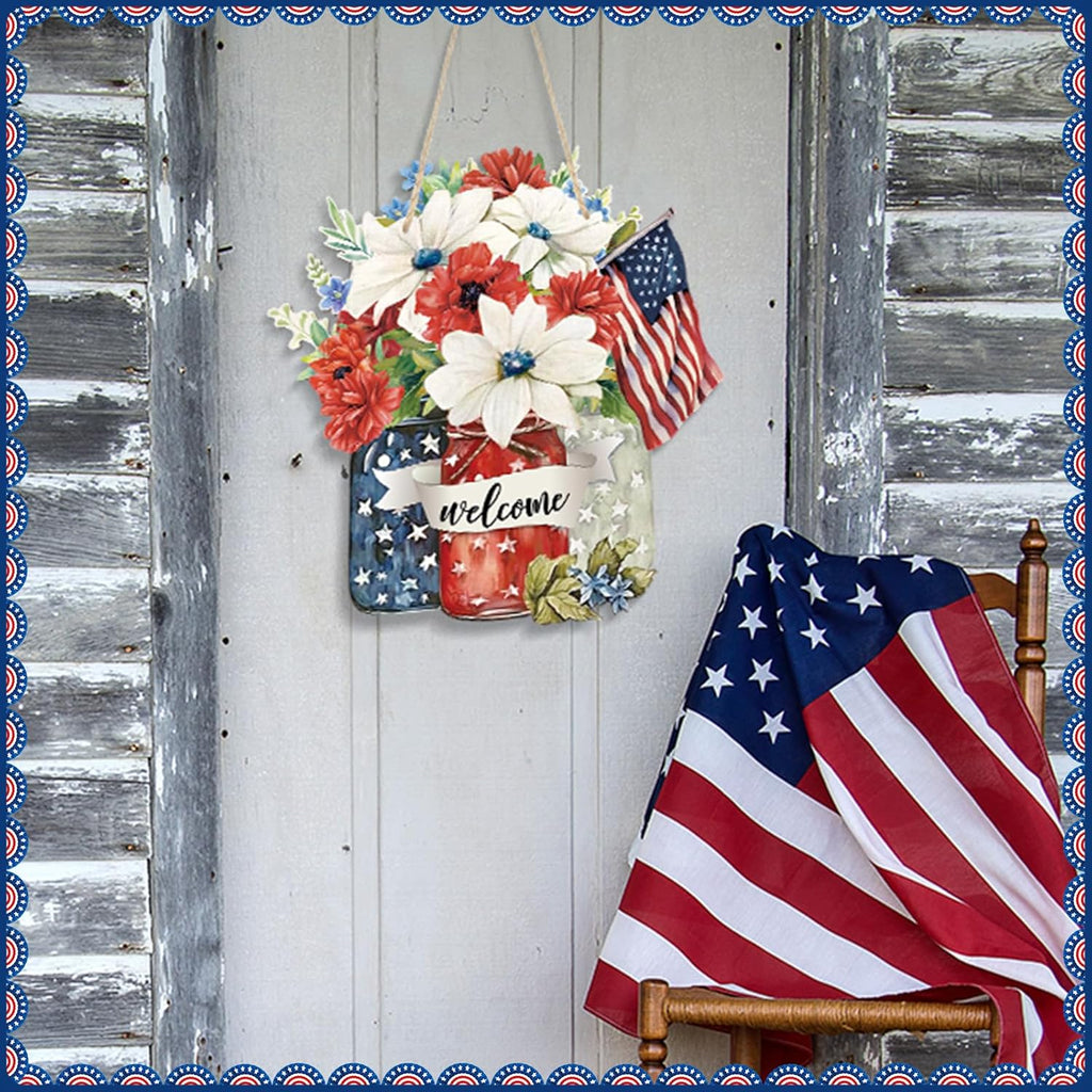 Spiareal Patriotic Wooden Door Decoration - 4th of July Welcome Sign in Red, White & Blue