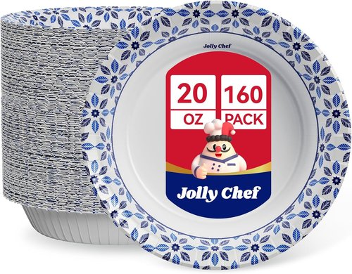 JOLLY CHEF 20 oz Heavy-Duty Paper Bowls - 160 Count Soak-Proof Disposable Dinnerware