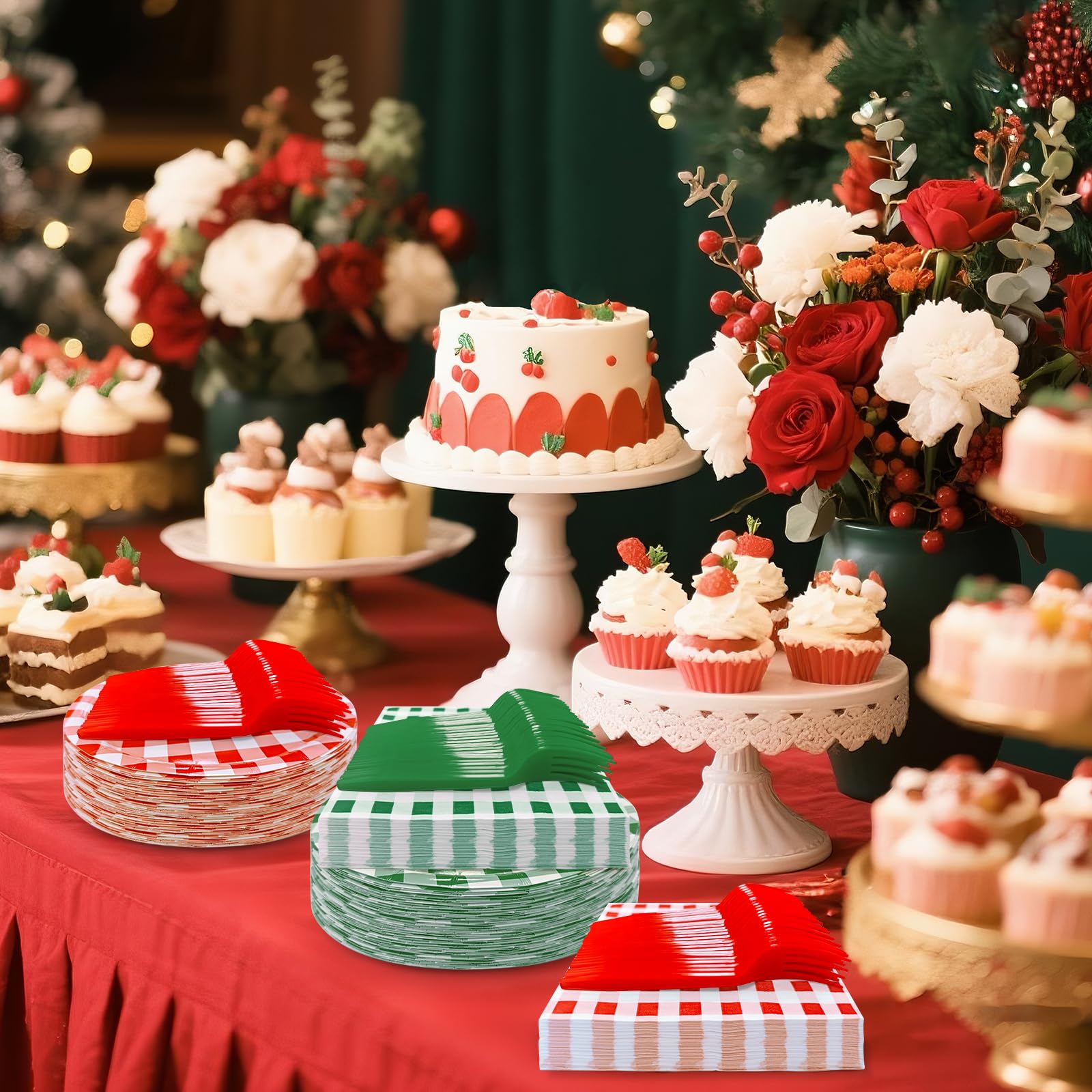 WYQJHKV 105 Pcs Dark Green Gingham Party Supplies Include 7 Inch Disposable Dark Green Dessert Paper Plates and Napkins for Wedding Baby Shower Birthday Party