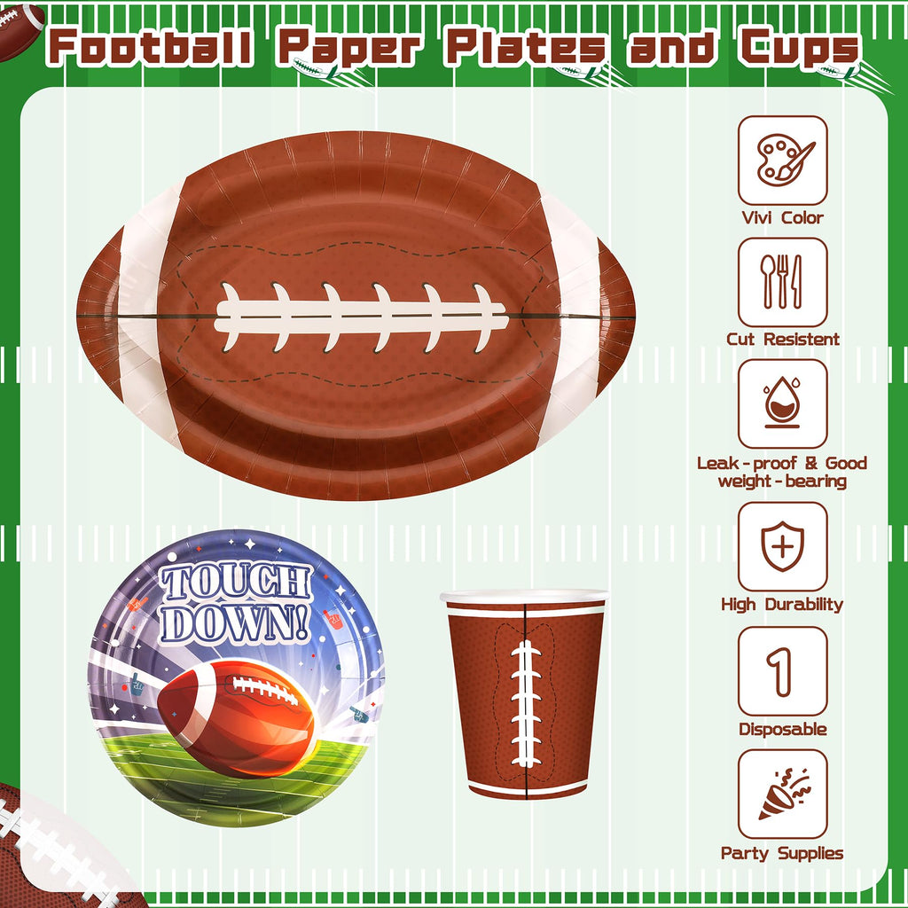 99PCS Football Party Tableware Supplies,Set of 24 Football Plates Napkins Cups,11.8in Football Shaped Disposable Paper Plates,Banner and Touchdown Tablecloth for Birthday Gameday Tailgate Decoration