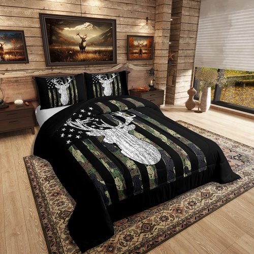 Deer Camo Comforter Set Queen Antlers Hunting Camo Bedding Sets For Teen Boys Men Camouflage American Flag Bed Comforter Set ,Western Farmhouse Wild Animal Bedding Quilt Black White Home Decor 3 Pcs