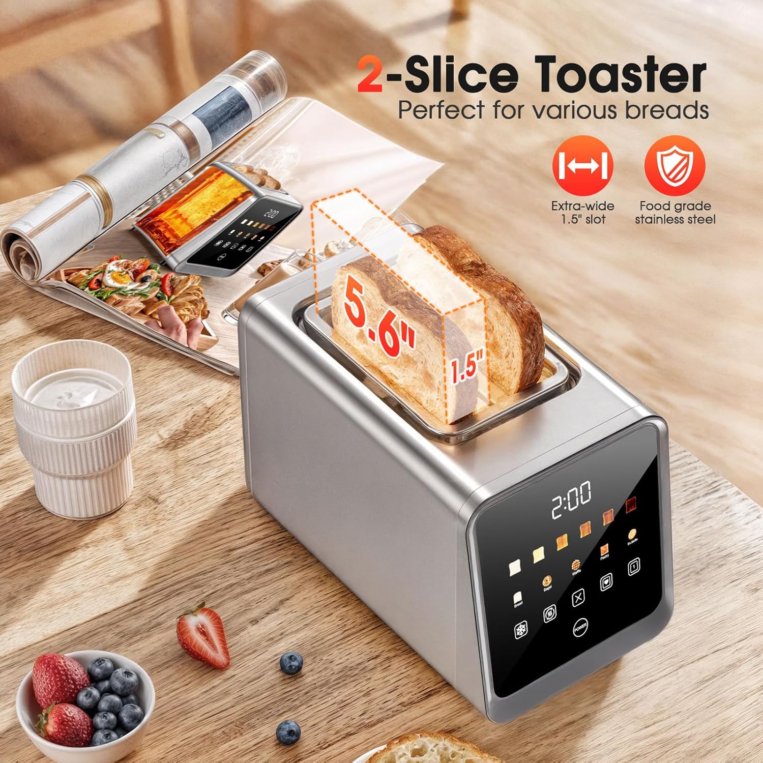 Skiennix 2-Slice Toaster - Smart Digital Touchscreen, 1.5" Extra-Wide Slots, 6 Browning Settings, 900W
