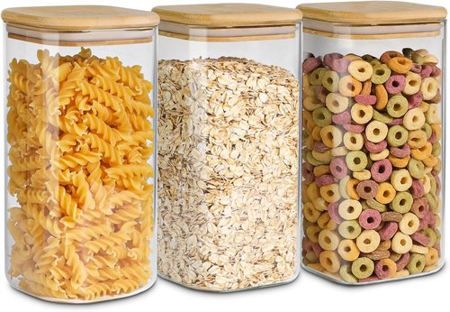 ComSaf Airtight Glass Storage Canister - Wood Lid Food Storage Jar Set of 3 | 1.6 Qt Clear Containers for Oats, Pasta, Flour, Sugar, Tea, Coffee Beans