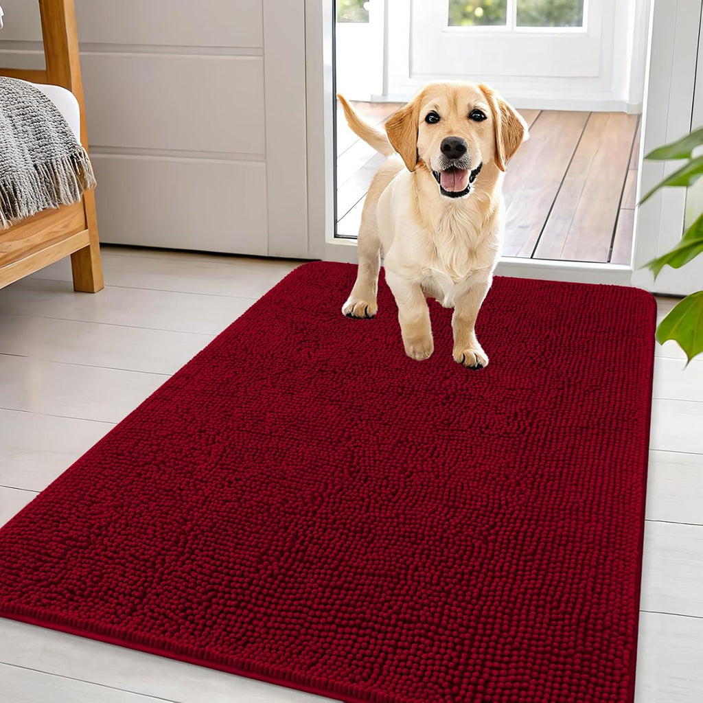 OLANLY Dog Door Mat - Absorbent Non-Slip Washable Doormat for Muddy Paws | 44x32 Red Chenille Carpet