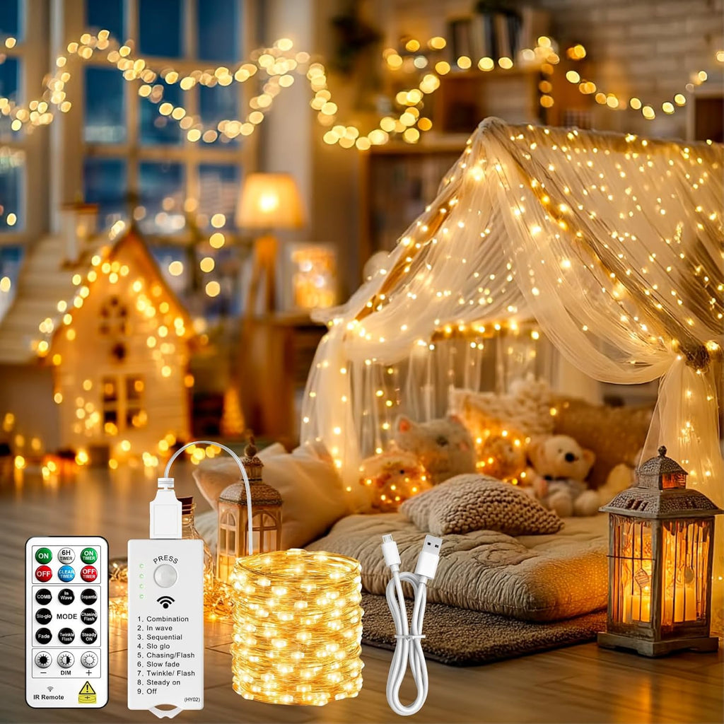 Skiennix 120L Twinkle Lights - 100 LED Rechargeable Fairy Lights with Remote & Timer Bundle