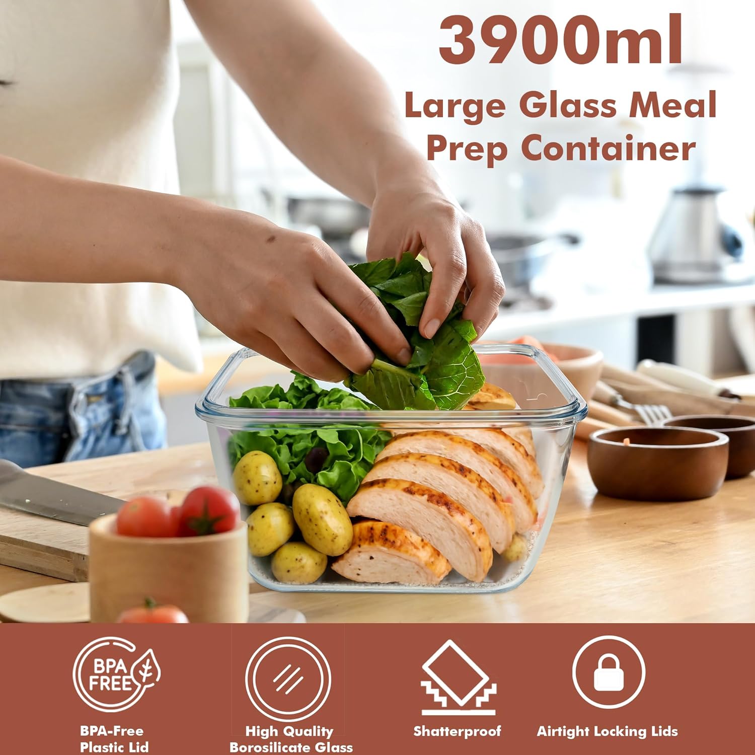 Razab Large Glass Food Storage Containers - 17 Cups, 132 Oz, Leakproof & BPA-Free | Ideal for Meal Prep