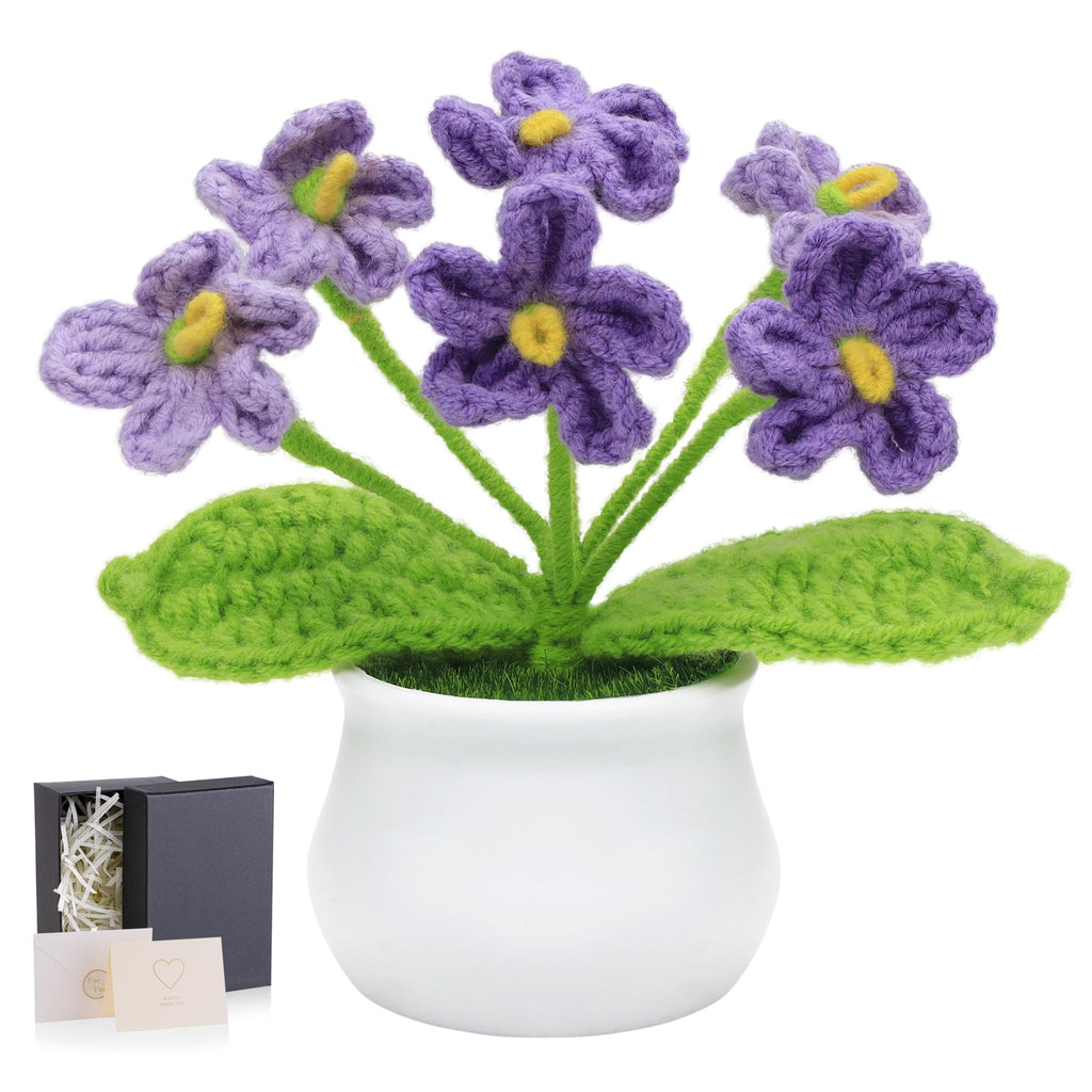 LAIDANLA Crochet Flowers Forget Me Not, Mini Gradient Purple Crochet Flower Potted Plant for Desk, Handmade Anniversary Birthday Graduation Gifts for Women Teacher Mom Friend
