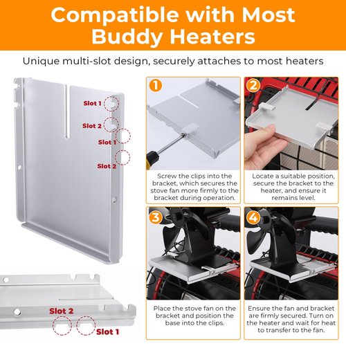 Wood Stove Fan Compatible for Buddy Heater, Heat Powered Stove Fan with Bracket for Heaters, Thermal Fireplace Fan Non Electric for Camping/Picnics/Pellet/Wood Burning Stove