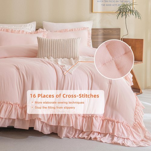Masaca Kids Twin Ruffle Comforter Set - Shabby Boho Chic Farmhouse Rustic Bedding - 3-Piece Set (1 Ruffled Blush Comforter, 2 Pillowcases)